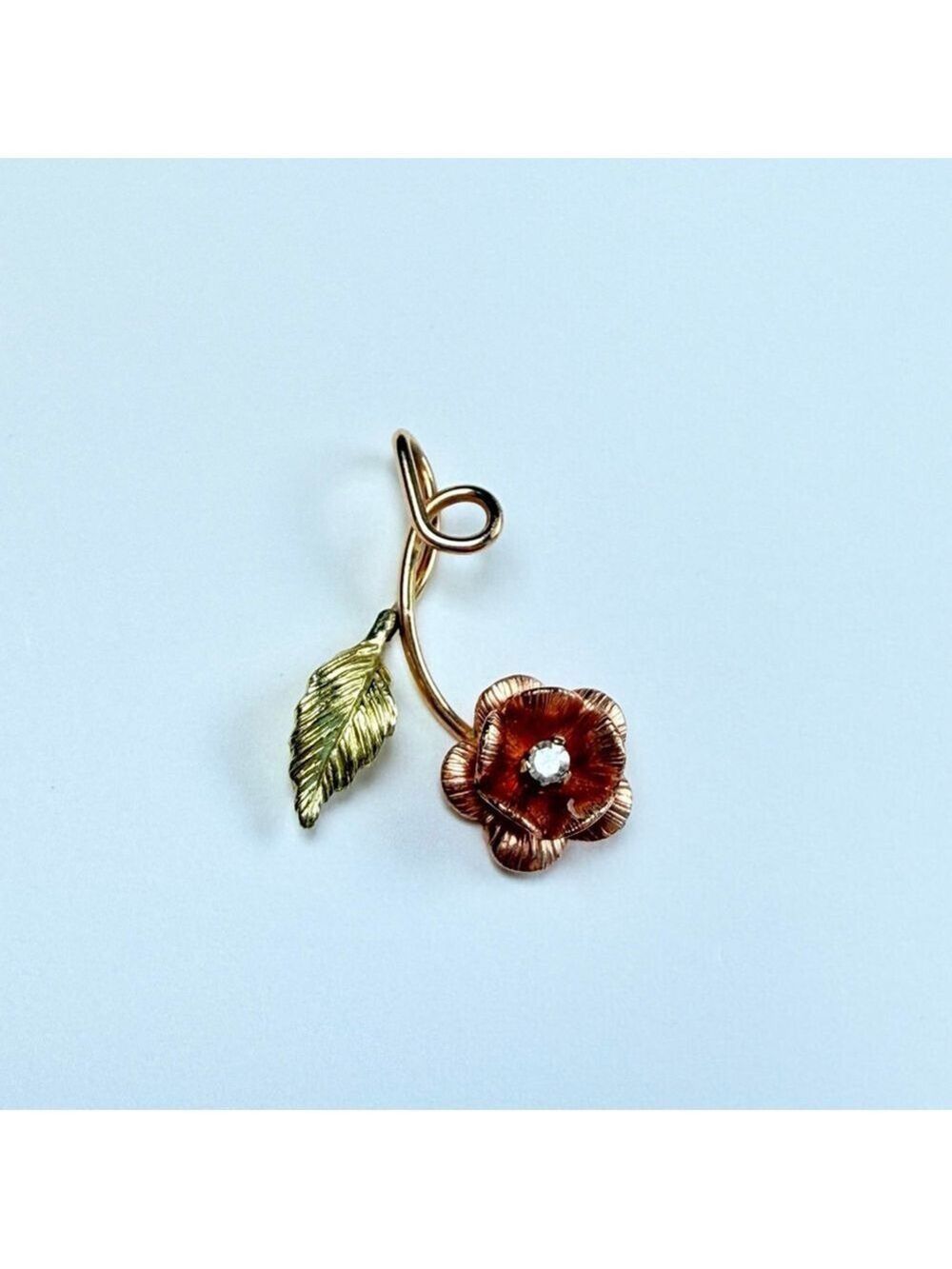 14K Two Tone Gold Diamond Solitaire Black Hills Style Rose & Leave Charm Pendant - Picture 2 of 7